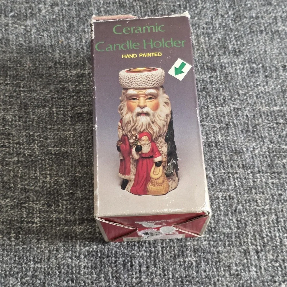 Vtg Brinnco Santa Claus Hand Painted Ceramic Candle Holder Christmas Decor 4.25